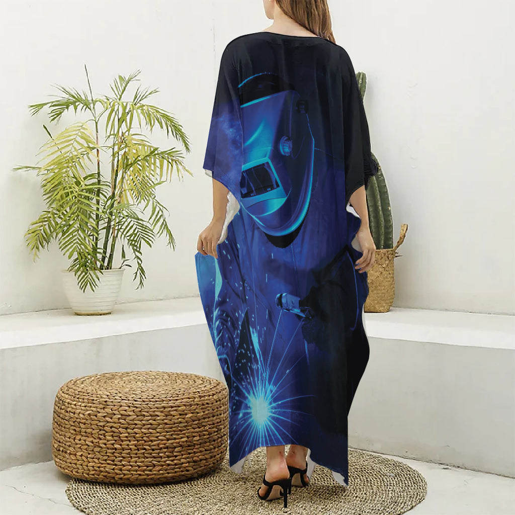 Industrial Welder Print Silk V-Neck Kaftan Dress