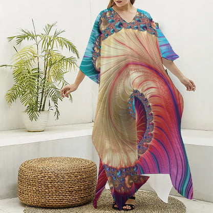 Infinite Fractal Print Silk V-Neck Kaftan Dress