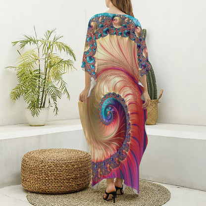Infinite Fractal Print Silk V-Neck Kaftan Dress