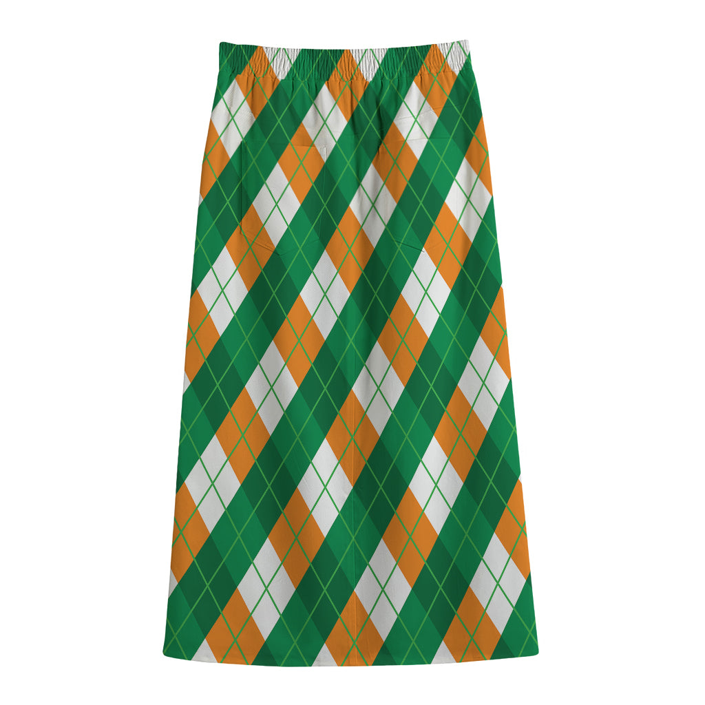 Irish Argyle Pattern Print Cotton Front Slit Maxi Skirt