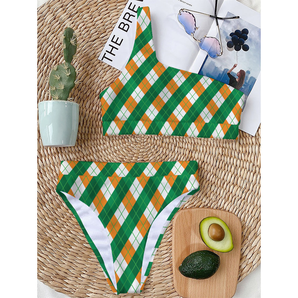Irish Argyle Pattern Print One Shoulder Bikini Top