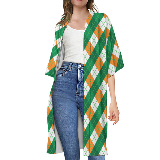 Irish Argyle Pattern Print Open Front Beach Cover Up