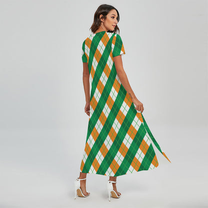 Irish Argyle Pattern Print Short Sleeve Maxi Dress