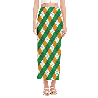 Irish Argyle Pattern Print Side Slit Maxi Skirt