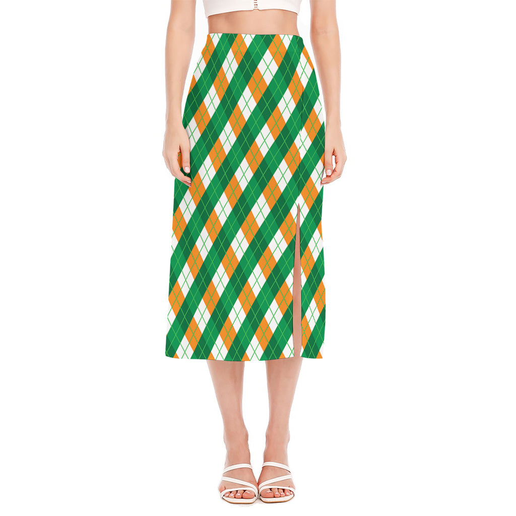 Irish Argyle Pattern Print Side Slit Midi Skirt