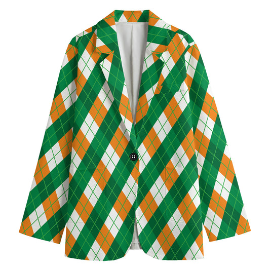 Irish Argyle Pattern Print Women's Cotton Blazer