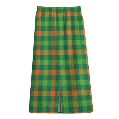 Irish Buffalo Check Pattern Print Cotton Front Slit Maxi Skirt