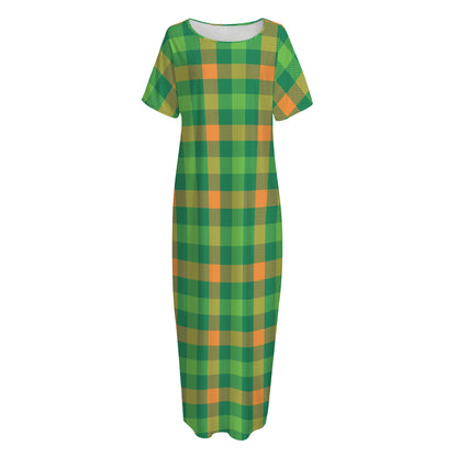 Irish Buffalo Check Pattern Print Short Sleeve Long Nightdress