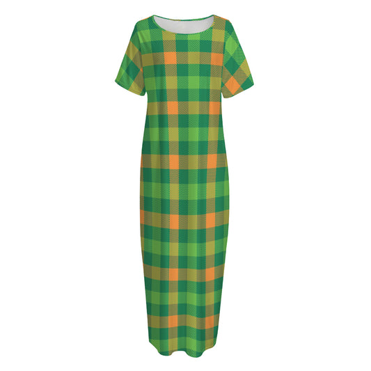 Irish Buffalo Check Pattern Print Short Sleeve Long Nightdress