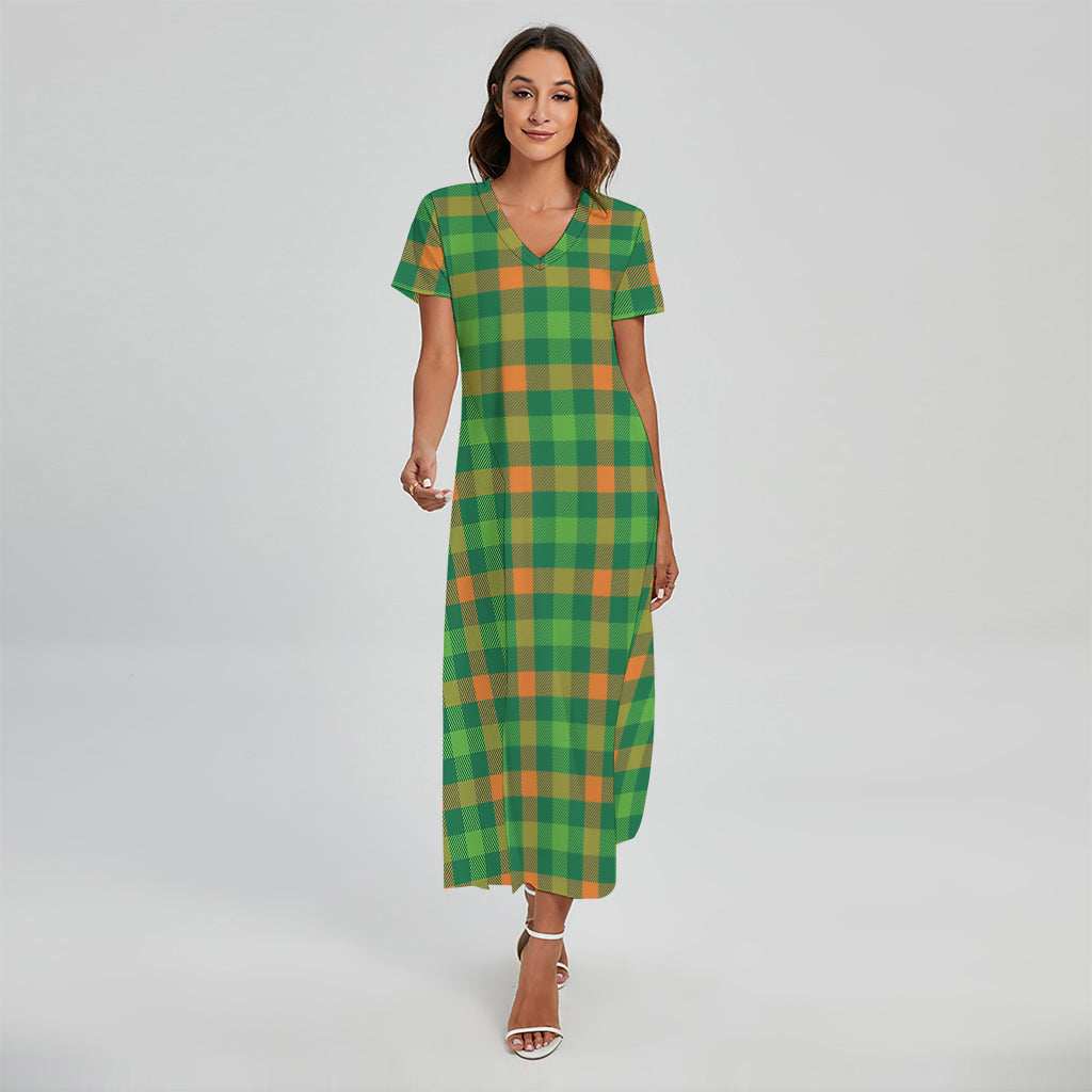 Irish Buffalo Check Pattern Print Short Sleeve Maxi Dress
