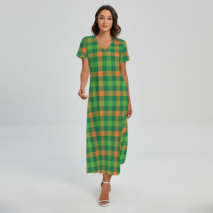 Irish Buffalo Check Pattern Print Short Sleeve Maxi Dress