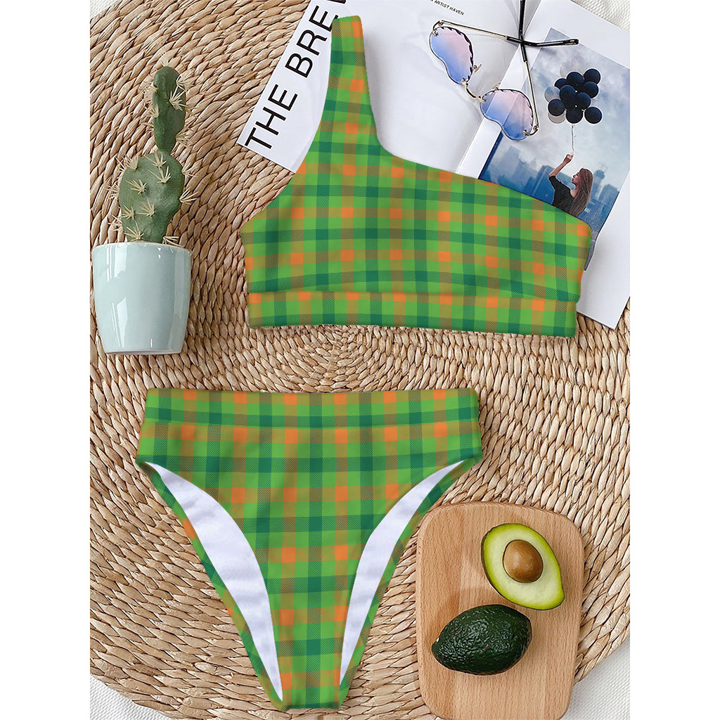 Irish Buffalo Plaid Pattern Print One Shoulder Bikini Top