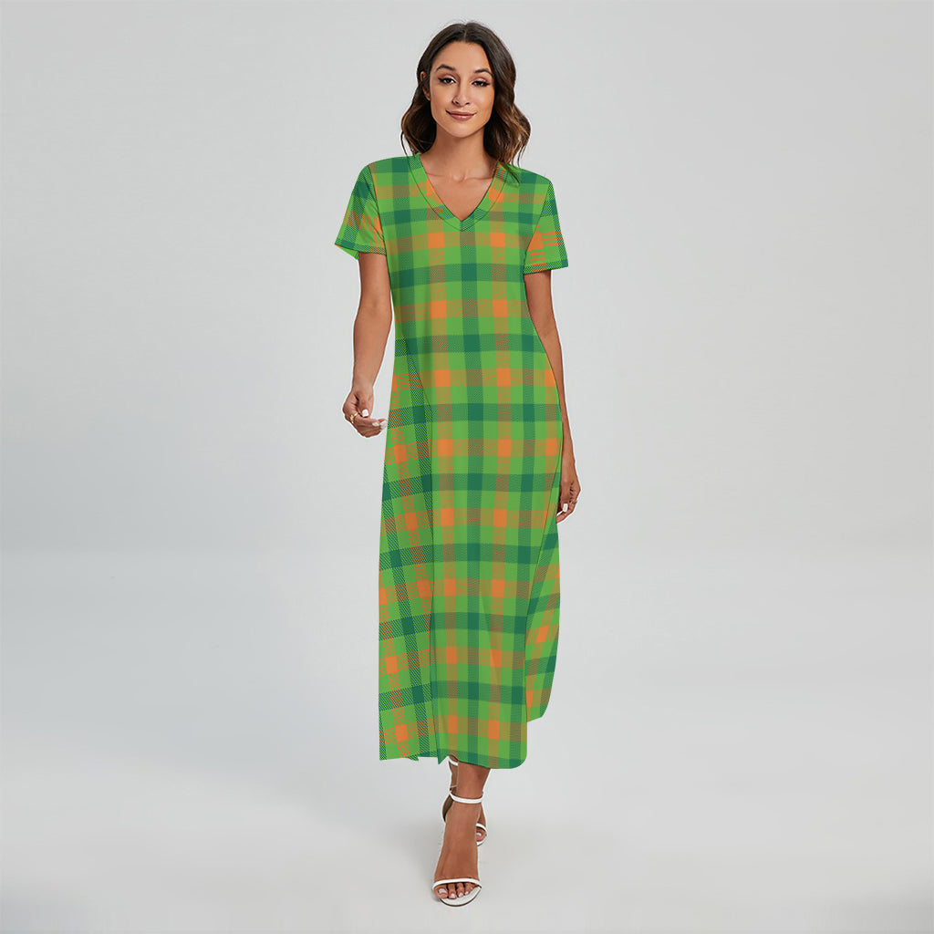 Irish Buffalo Plaid Pattern Print Short Sleeve Maxi Dress