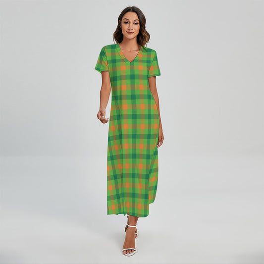 Irish Buffalo Plaid Pattern Print Short Sleeve Maxi Dress