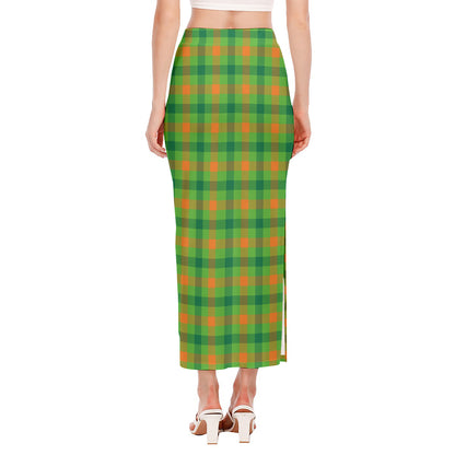 Irish Buffalo Plaid Pattern Print Side Slit Maxi Skirt