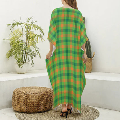Irish Buffalo Plaid Pattern Print Silk V-Neck Kaftan Dress