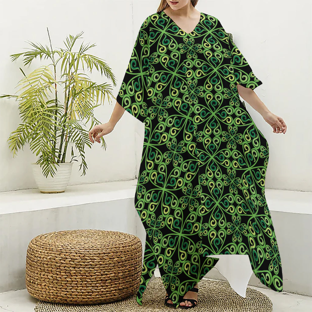 Irish Celtic Symbol Pattern Print Silk V-Neck Kaftan Dress
