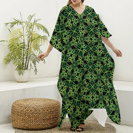 Irish Celtic Symbol Pattern Print Silk V-Neck Kaftan Dress