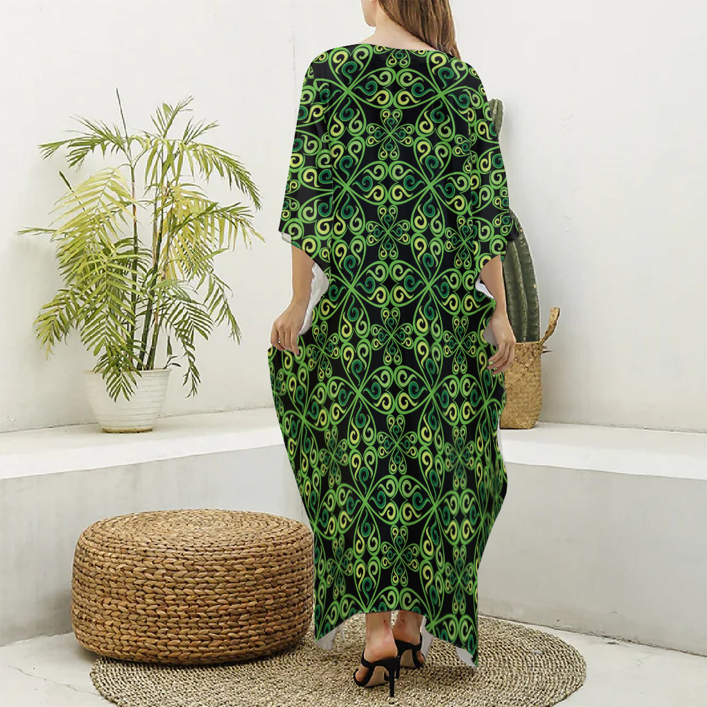 Irish Celtic Symbol Pattern Print Silk V-Neck Kaftan Dress