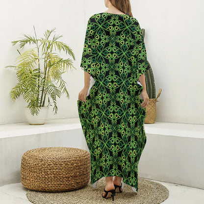 Irish Celtic Symbol Pattern Print Silk V-Neck Kaftan Dress