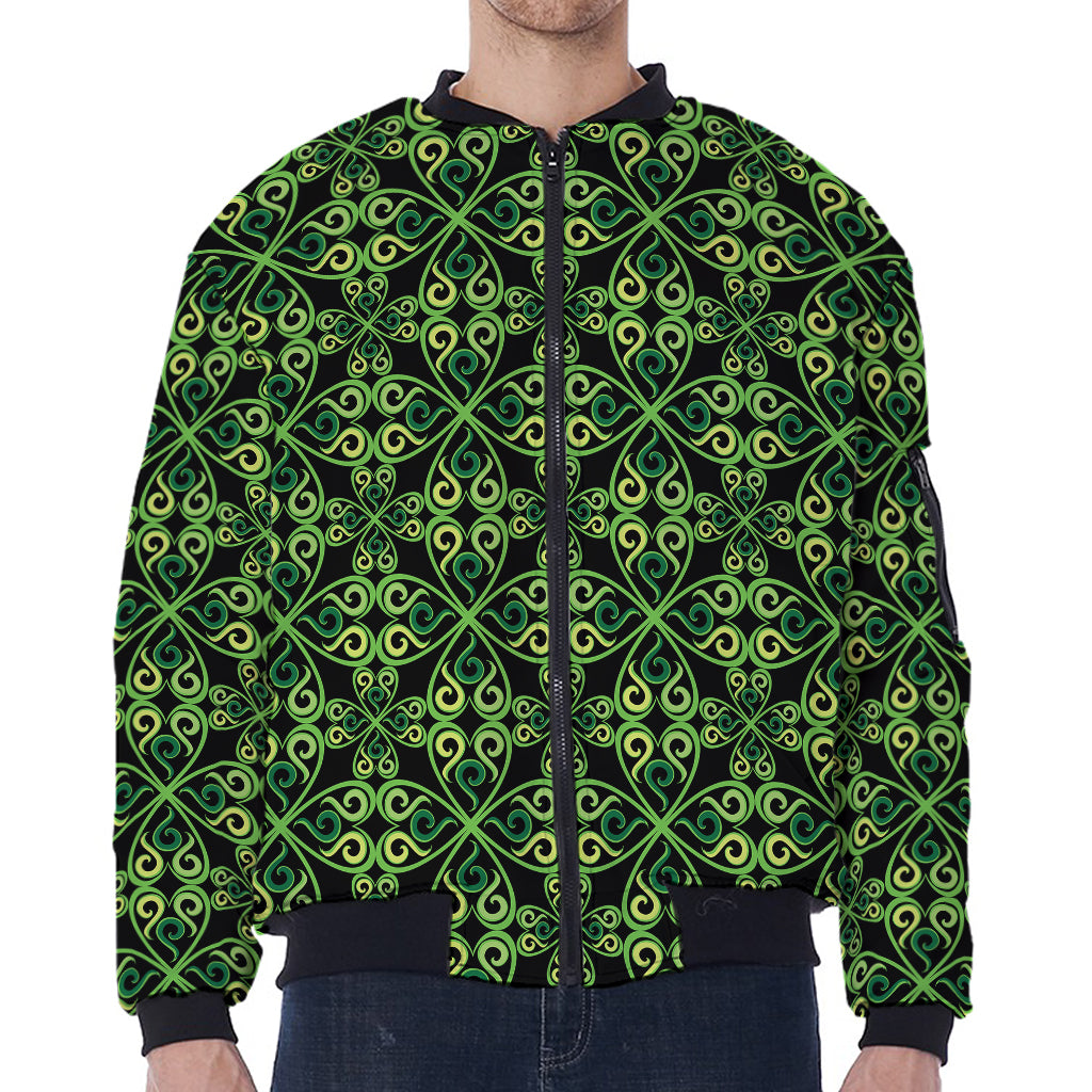 Irish Celtic Symbol Pattern Print Zip Sleeve Bomber Jacket