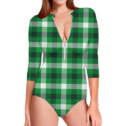 Irish Check Saint Patrick's Day Print Long Sleeve Swimsuit