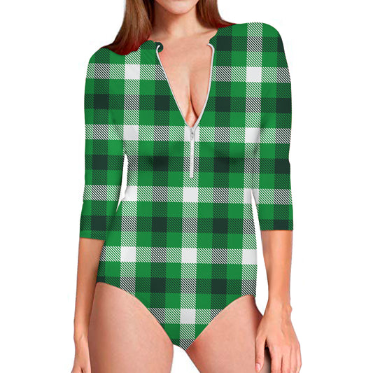 Irish Check Saint Patrick's Day Print Long Sleeve Swimsuit