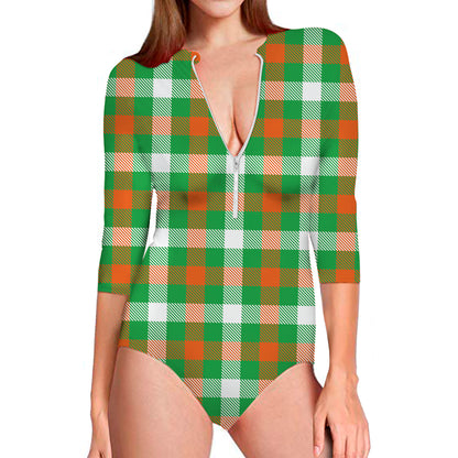 Irish Checkered St. Patrick's Day Print Long Sleeve Swimsuit
