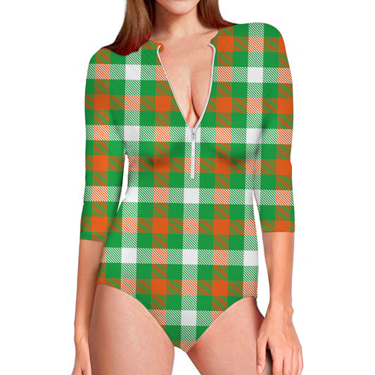 Irish Checkered St. Patrick's Day Print Long Sleeve Swimsuit