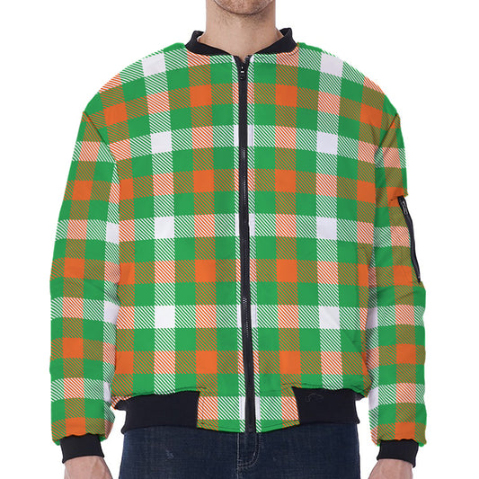 Irish Checkered St. Patrick's Day Print Zip Sleeve Bomber Jacket