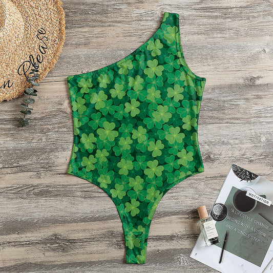 Irish Clover Saint Patrick's Day Print One Shoulder Bodysuit