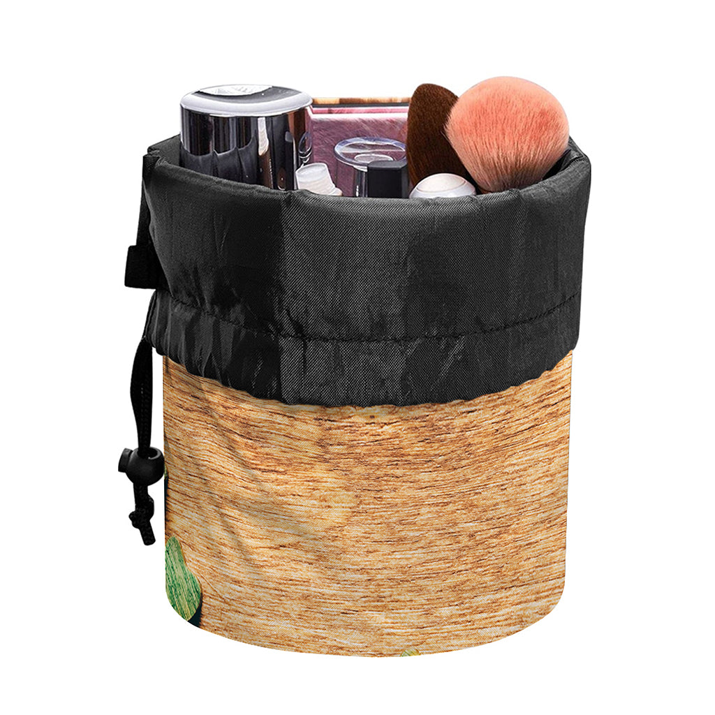 Irish Four Leaf Clovers Wood Print Drawstring Makeup Bag