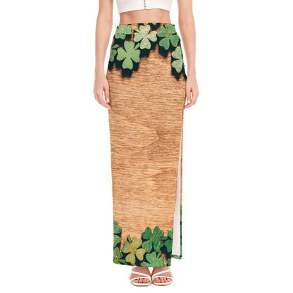 Irish Four Leaf Clovers Wood Print High Slit Maxi Skirt