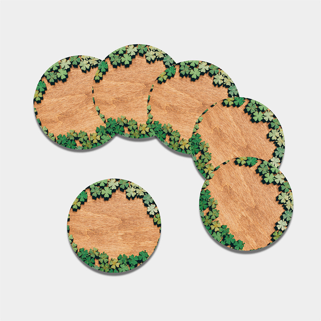 Irish Four Leaf Clovers Wood Print Leather Coaster Set