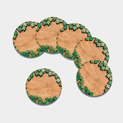 Irish Four Leaf Clovers Wood Print Leather Coaster Set