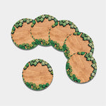 Irish Four Leaf Clovers Wood Print Leather Coaster Set