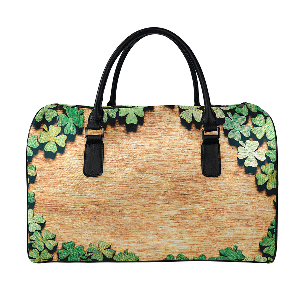 Irish Four Leaf Clovers Wood Print Leather Duffle Bag