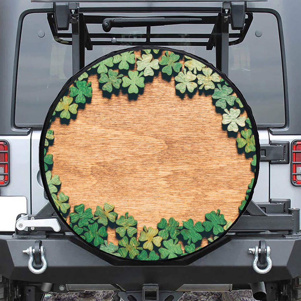 Irish Four Leaf Clovers Wood Print Leather Spare Tire Cover