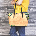Irish Four Leaf Clovers Wood Print Leather Tote Bag