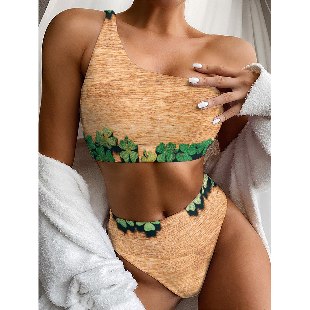 Irish Four Leaf Clovers Wood Print One Shoulder Bikini Top
