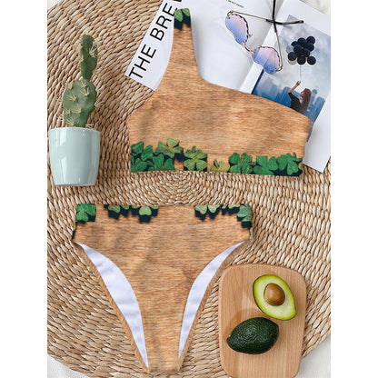 Irish Four Leaf Clovers Wood Print One Shoulder Bikini Top