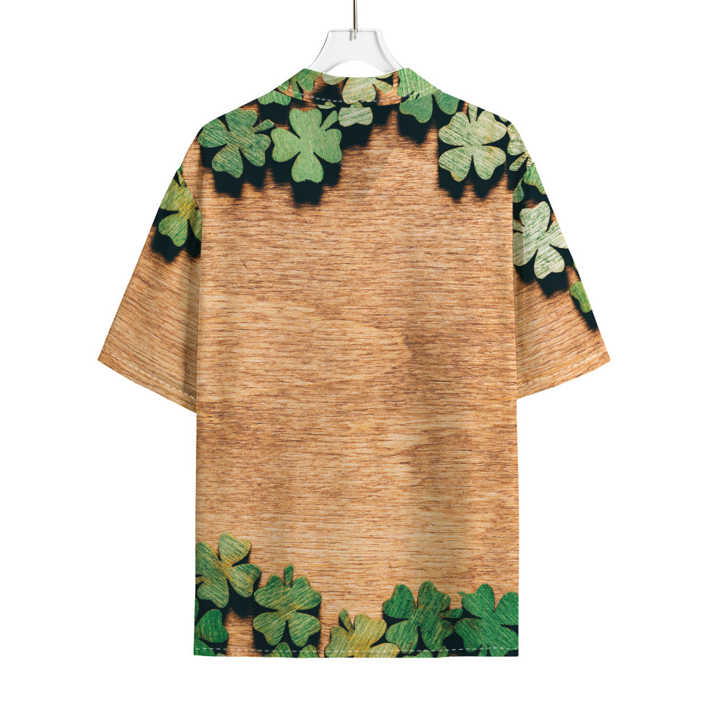 Irish Four Leaf Clovers Wood Print Rayon Hawaiian Shirt