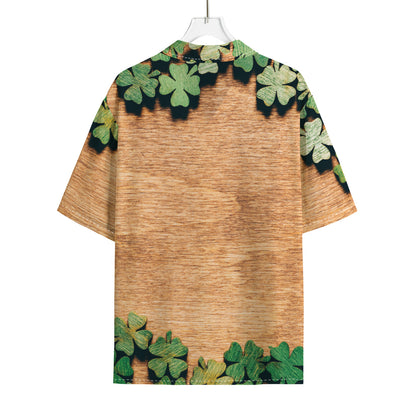 Irish Four Leaf Clovers Wood Print Rayon Hawaiian Shirt