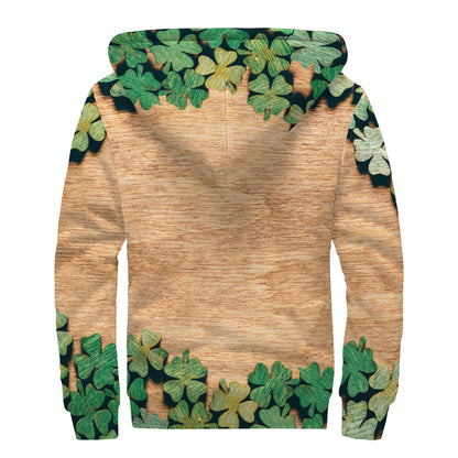 Irish Four Leaf Clovers Wood Print Sherpa Lined Zip Up Hoodie