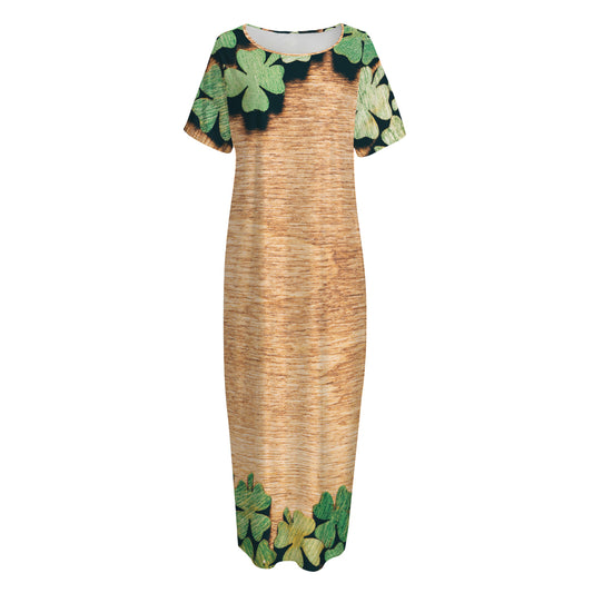 Irish Four Leaf Clovers Wood Print Short Sleeve Long Nightdress
