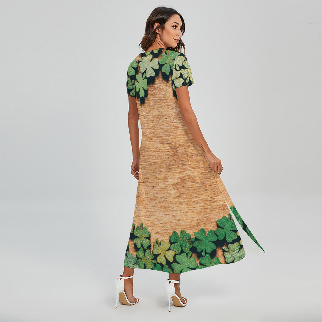 Irish Four Leaf Clovers Wood Print Short Sleeve Maxi Dress