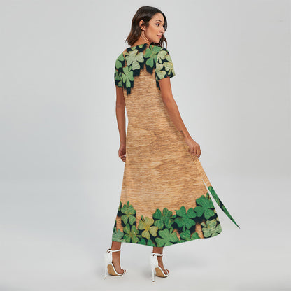 Irish Four Leaf Clovers Wood Print Short Sleeve Maxi Dress