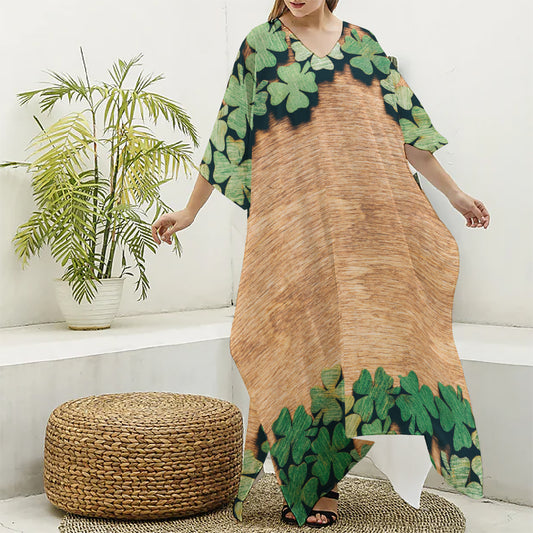 Irish Four Leaf Clovers Wood Print Silk V-Neck Kaftan Dress