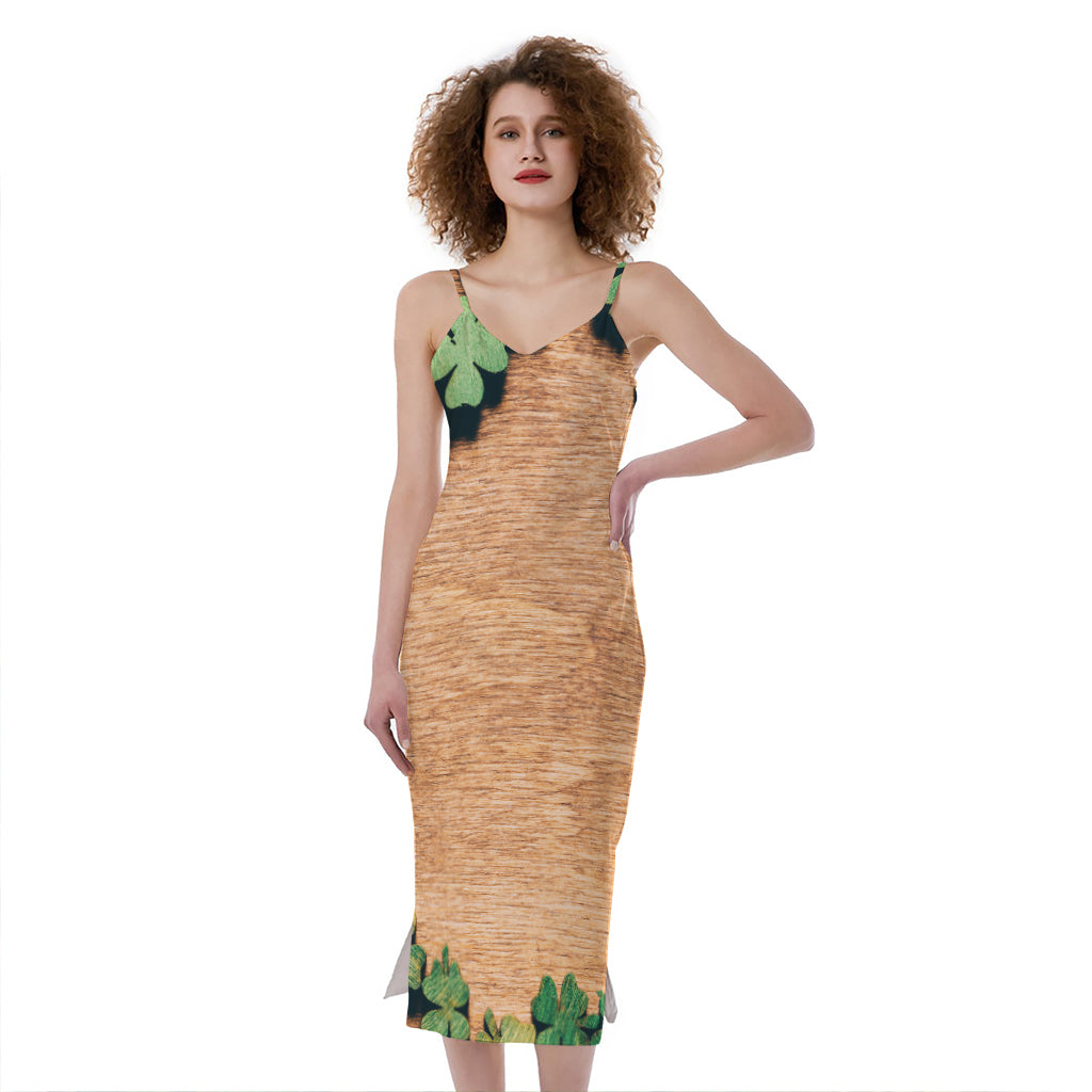 Irish Four Leaf Clovers Wood Print Slim Fit Midi Cami Dress