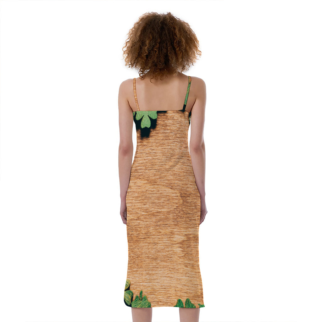 Irish Four Leaf Clovers Wood Print Slim Fit Midi Cami Dress